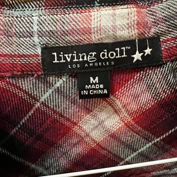 Living Doll size medium burgundy plaid button down shirt w/iridescent buttons - Picture 4 of 5